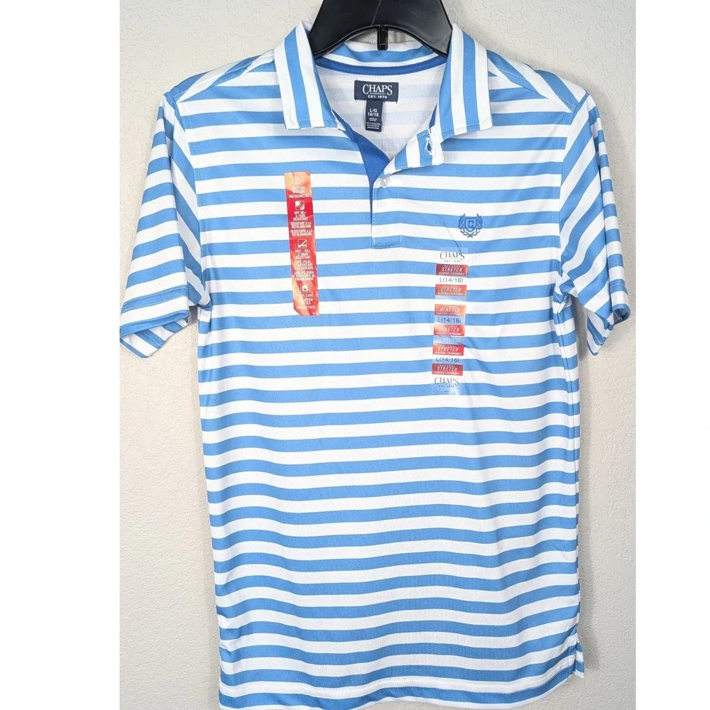 Chaps Polo Shirt Boys Size L 14/16 Azure Blue White Striped Performance NWT